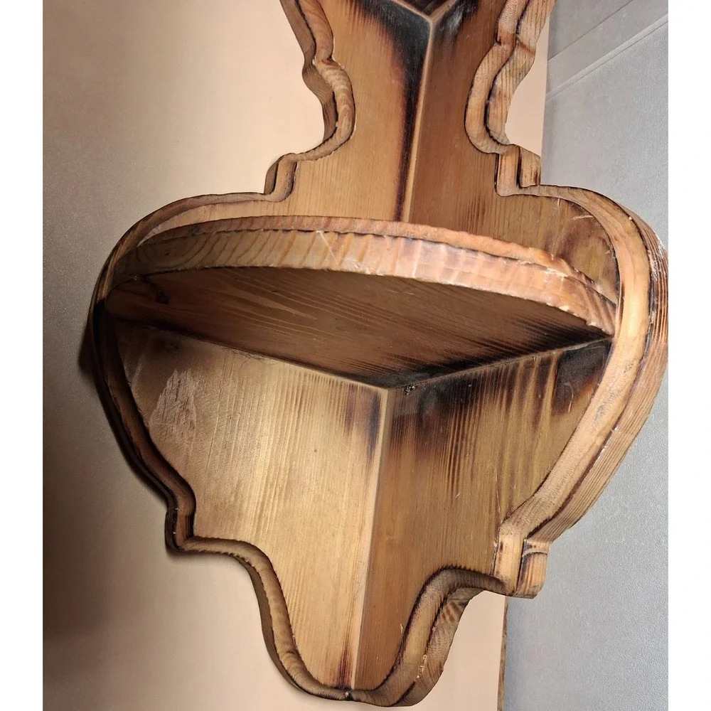 2 Vintage Carved Wood Corner Wall‎ Shelfs W/Two Tiers